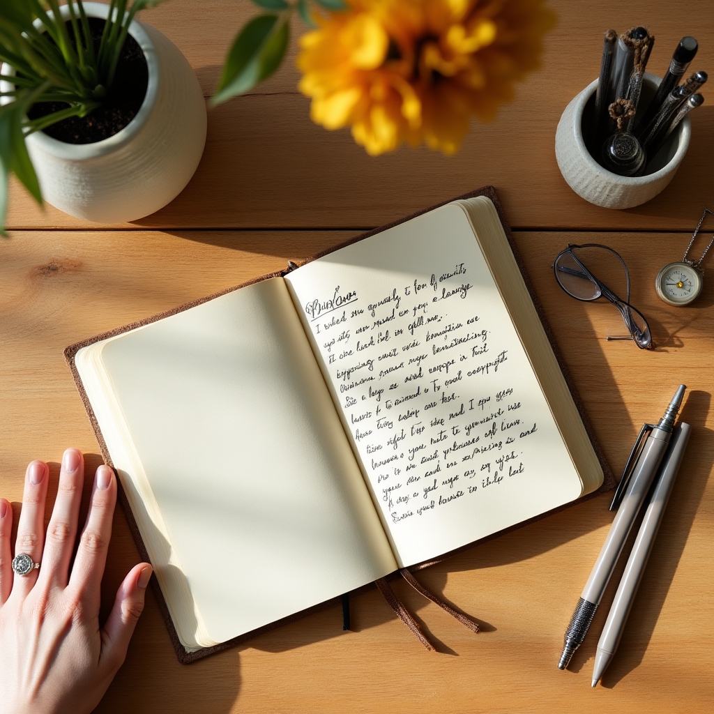 Schreibtisch mit Notizbuch, Stift und Kaffee, symbolisiert ruhige Reflexion über persönliche Werte