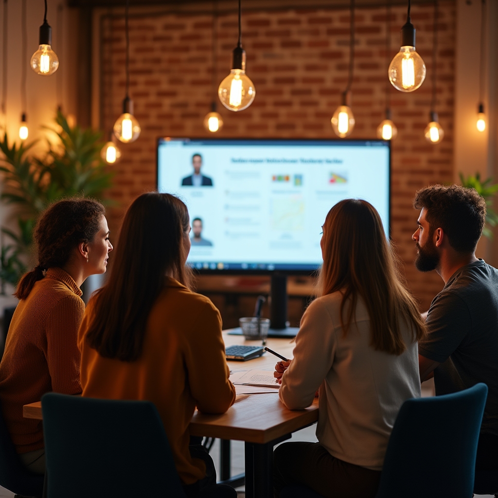 Gruppe von Teilnehmenden verfolgt gemeinsam ein Webinar auf einem großen Bildschirm